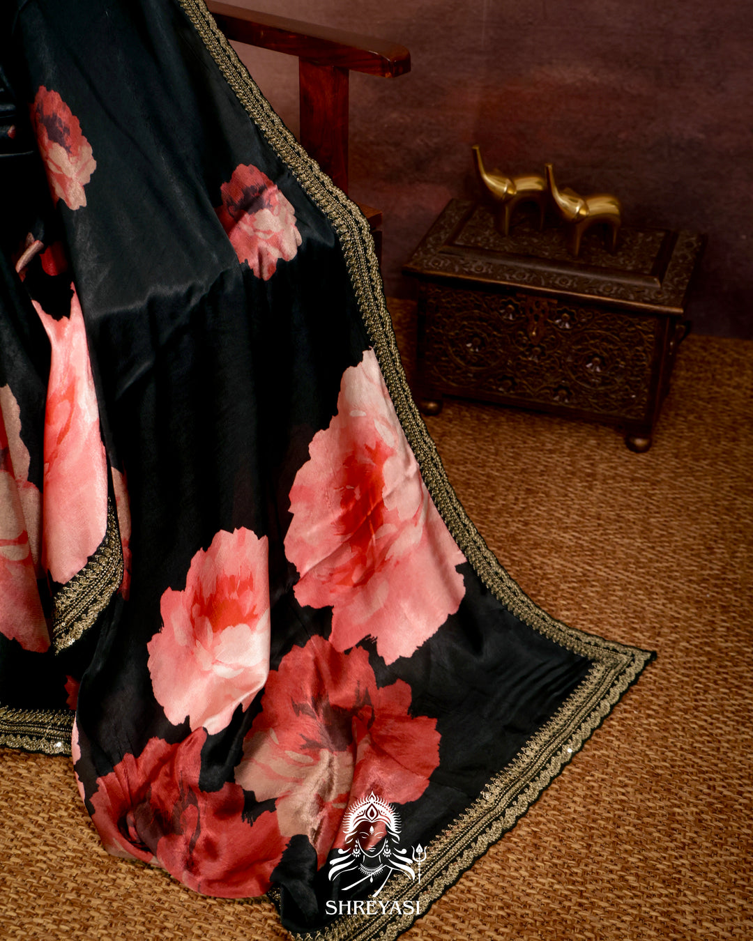 Black Chinon Satin Floral Saree with Embroidered Border