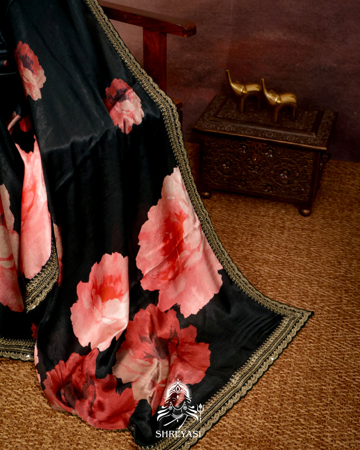 Black Chinon Satin Floral Saree with Embroidered Border