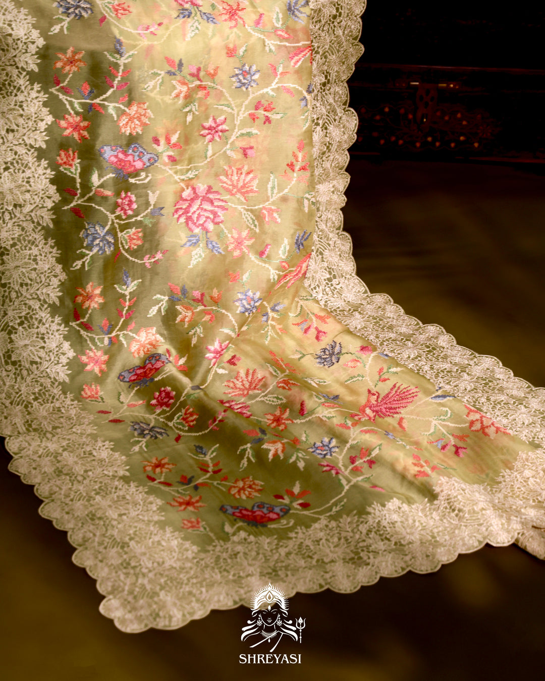 Organza Silk Saree with Petit Point Embroidery and Chantilly Lace Border