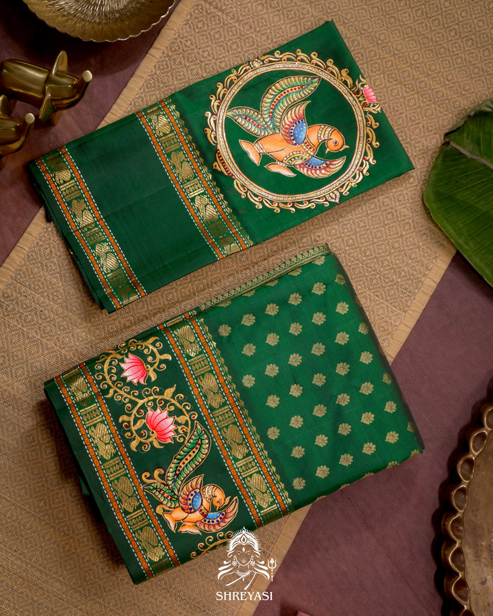 Handloom Pure Kanjivaram Silk Saree in Real Zari with Tanjore Kili and Kamalam Artwork