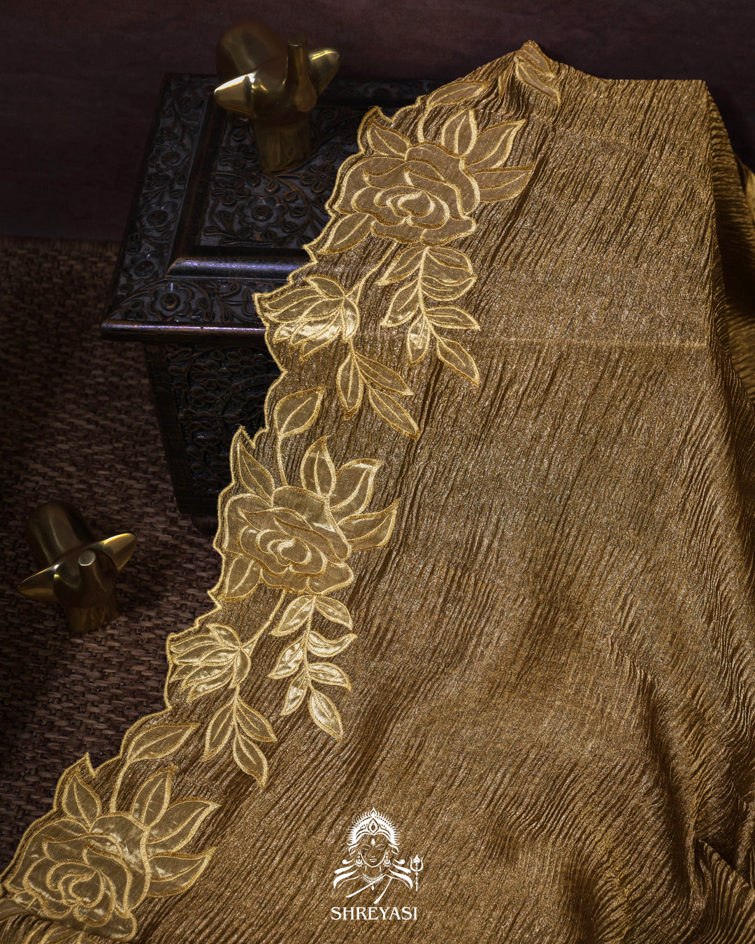 Handloom Pure Banarasi Crushed Tissue Silk Saree with Appliqué Borders
