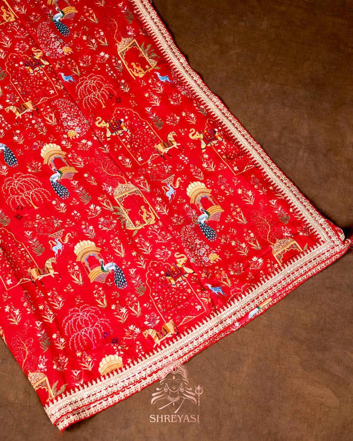 Mughal Garden Print Crepe Chinon Saree with Embroidered Border