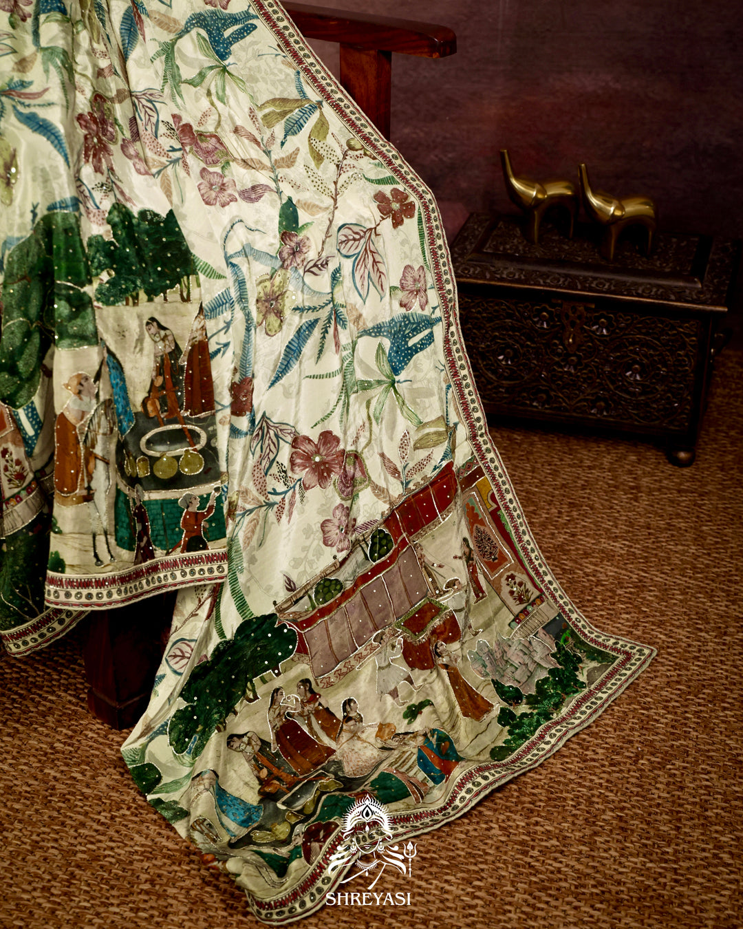 Pure Crepe Silk Storytelling Saree with Miniature Folklore Artwork