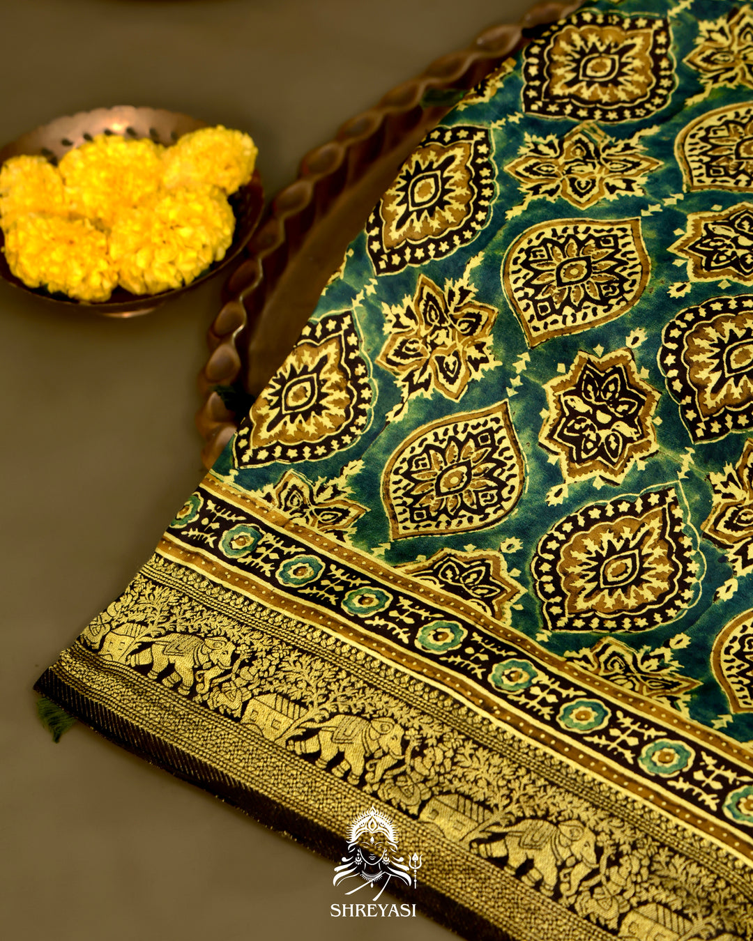 Hand Block Printed Ajrakh Dola Silk Saree with Zari Brocade Blouse