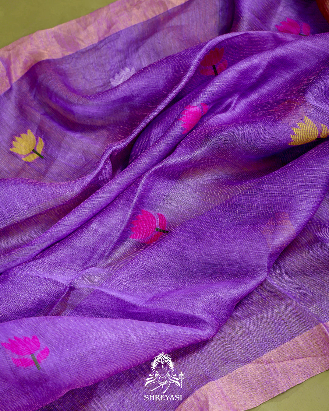 Handloom Silk Linen Jamdani Saree with Tissue Paithani Pallu