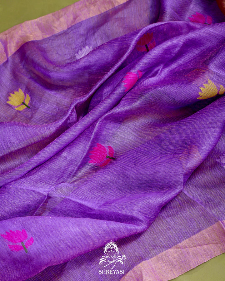 Handloom Silk Linen Jamdani Saree with Tissue Paithani Pallu