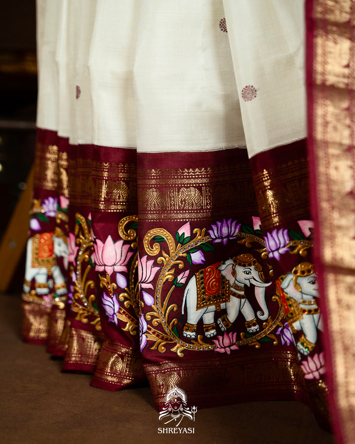 Traditional Tanjore Painting on Handloom Pure Kanjivaram Silk Sarees with Real Zari