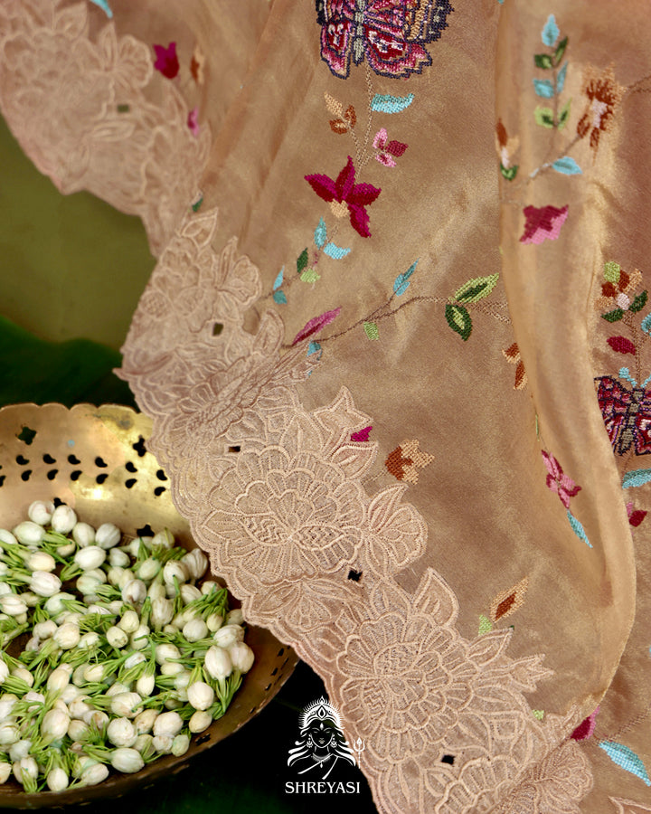 Handloom Pure Tissue Silk Saree with All Over Petit Point Embroidery and Chantilly Lace Borders