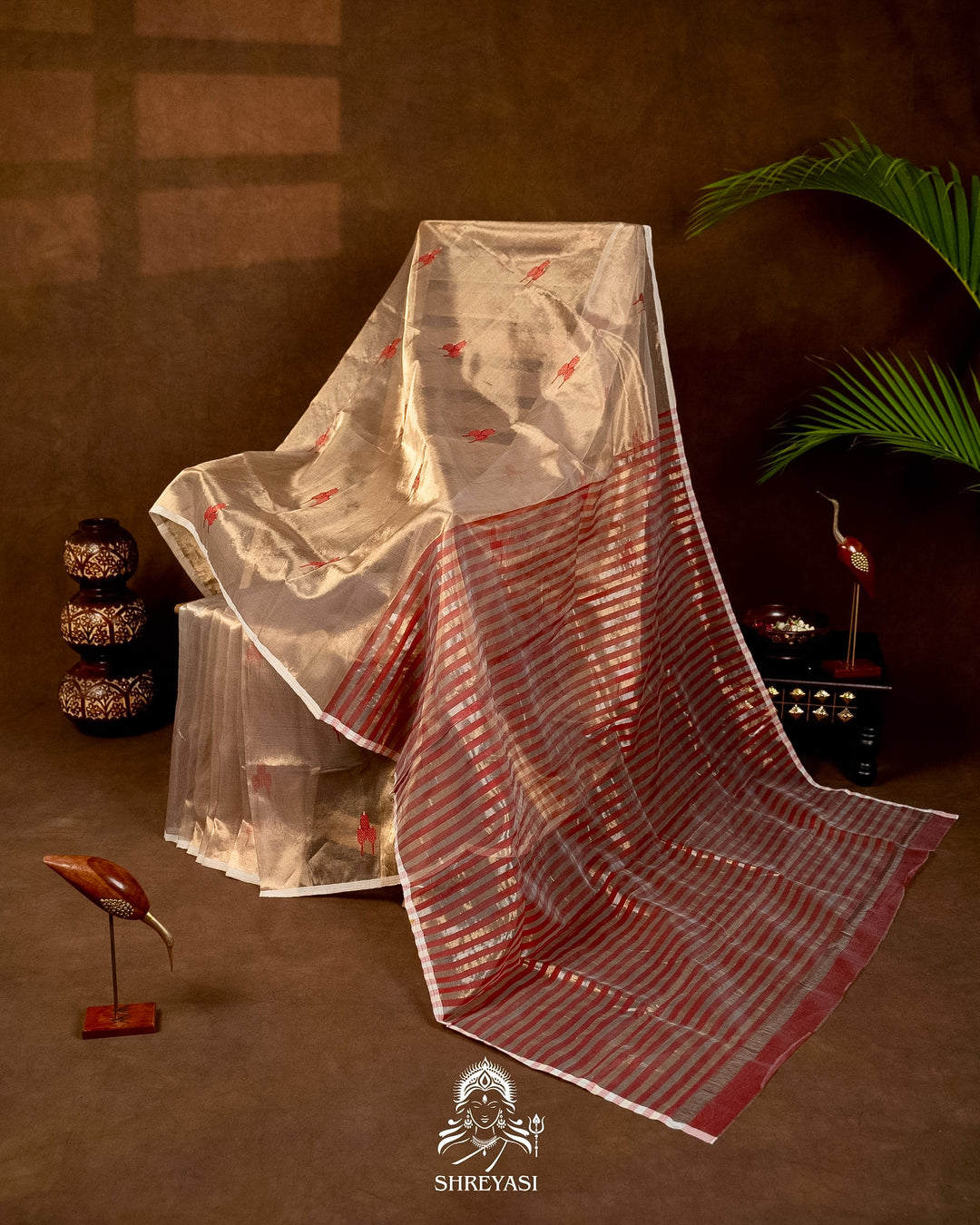 Handloom Pure Chanderi Tissue Silk Saree with Woven Bhutis and Striped Blouse