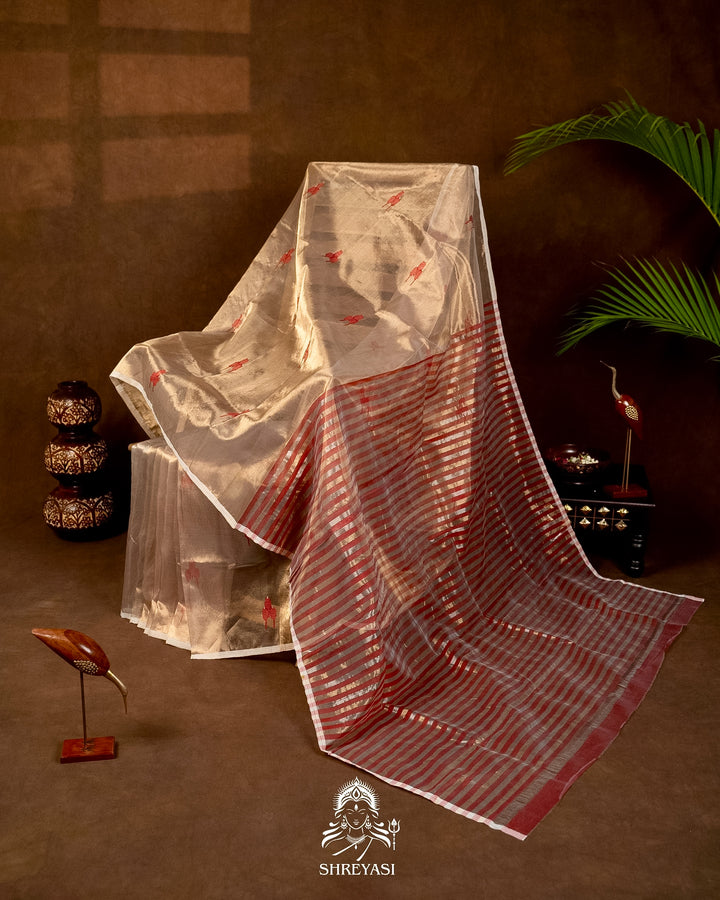 Handloom Pure Chanderi Tissue Silk Saree with Woven Bhutis and Striped Blouse