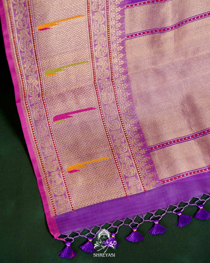 Handloom Pure Banarasi Kora Silk Saree with Kadwa Weaving and Hand Embroidered Maggam Work Blouse