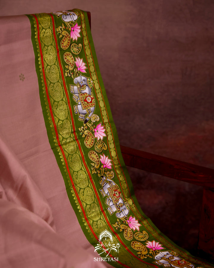 Handloom Pure Kanjivaram Silk Saree in Real Zari with Tanjore Yanai and Kamalam Artwork