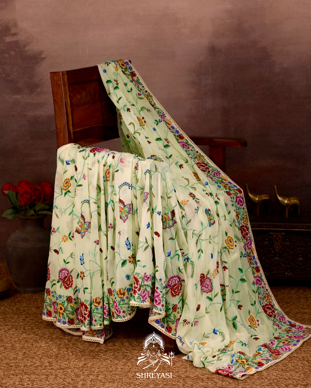 Pure Georgette Saree with Petit Point Embroidery and Lace Borders