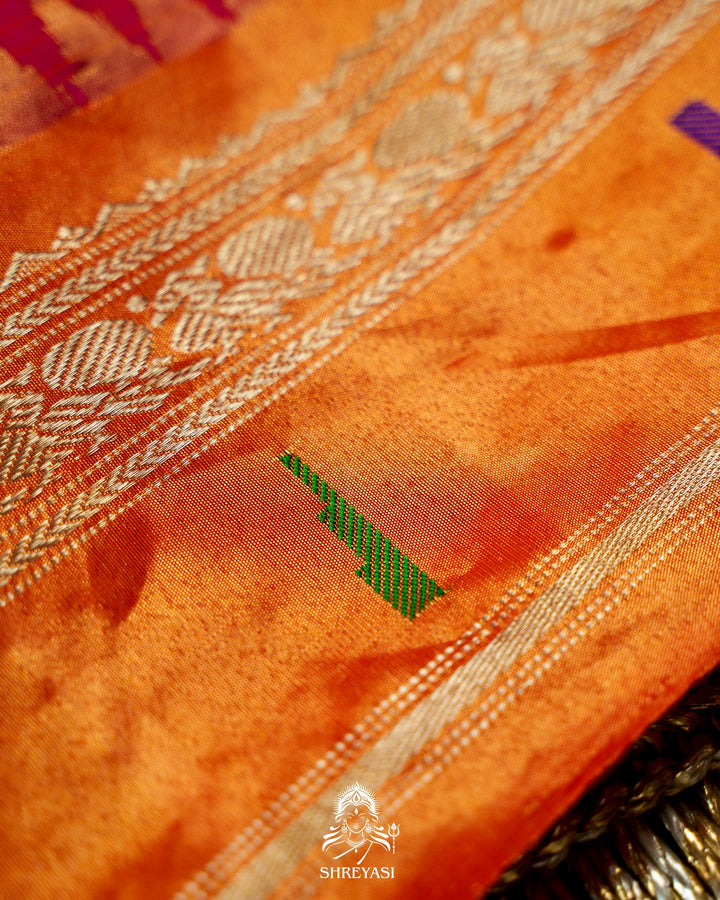 Handloom Pure Gadwal Silk Saree in Rani Pink with Orange Tissue Muniya Border