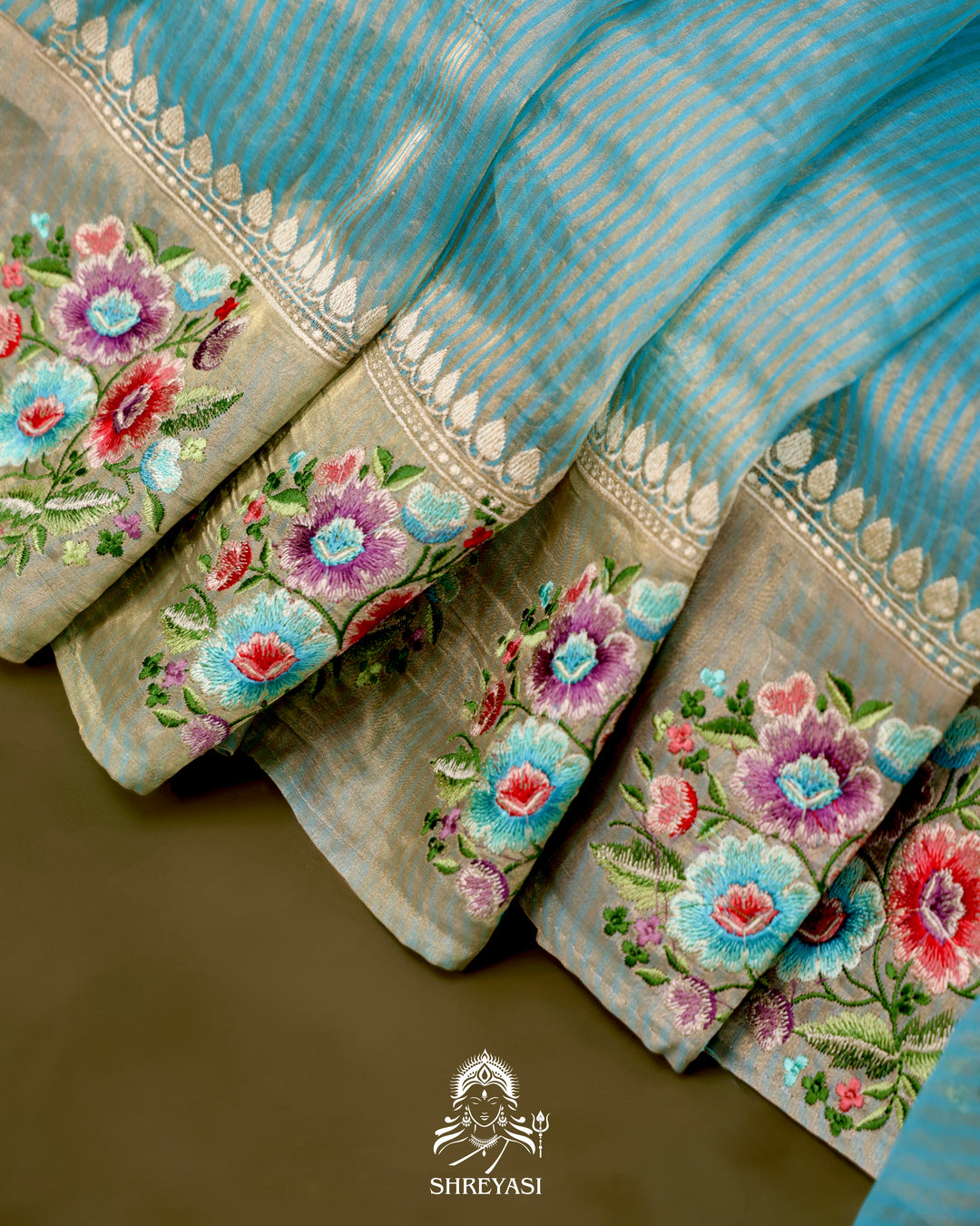 Handloom Banarasi Tissue Stripe Silk Saree with Satin Stitch Floral Embroidered Borders