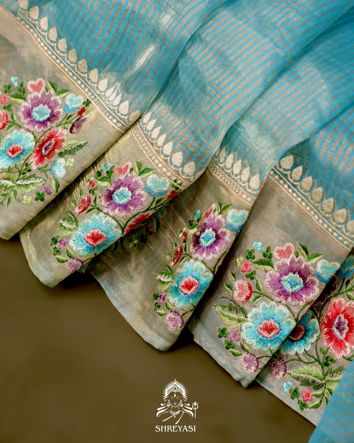 Handloom Banarasi Tissue Stripe Silk Saree with Satin Stitch Floral Embroidered Borders