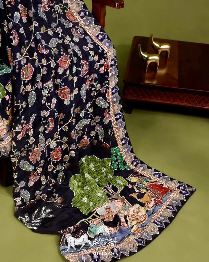 Pure Crepe Silk Saree with Kantha Embroidery