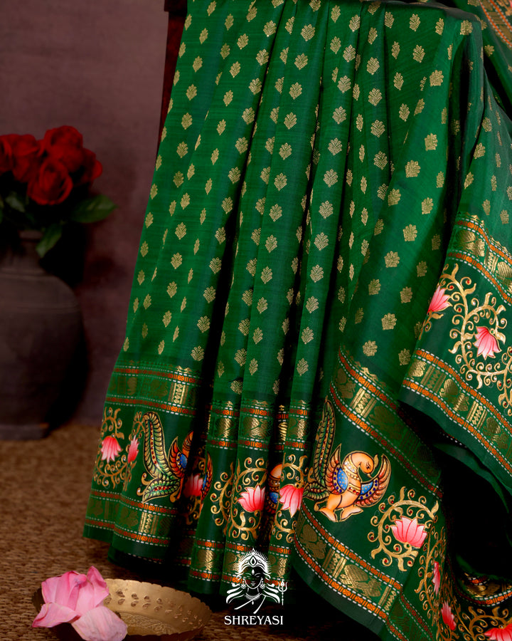 Handloom Pure Kanjivaram Silk Saree in Real Zari with Tanjore Kili and Kamalam Artwork
