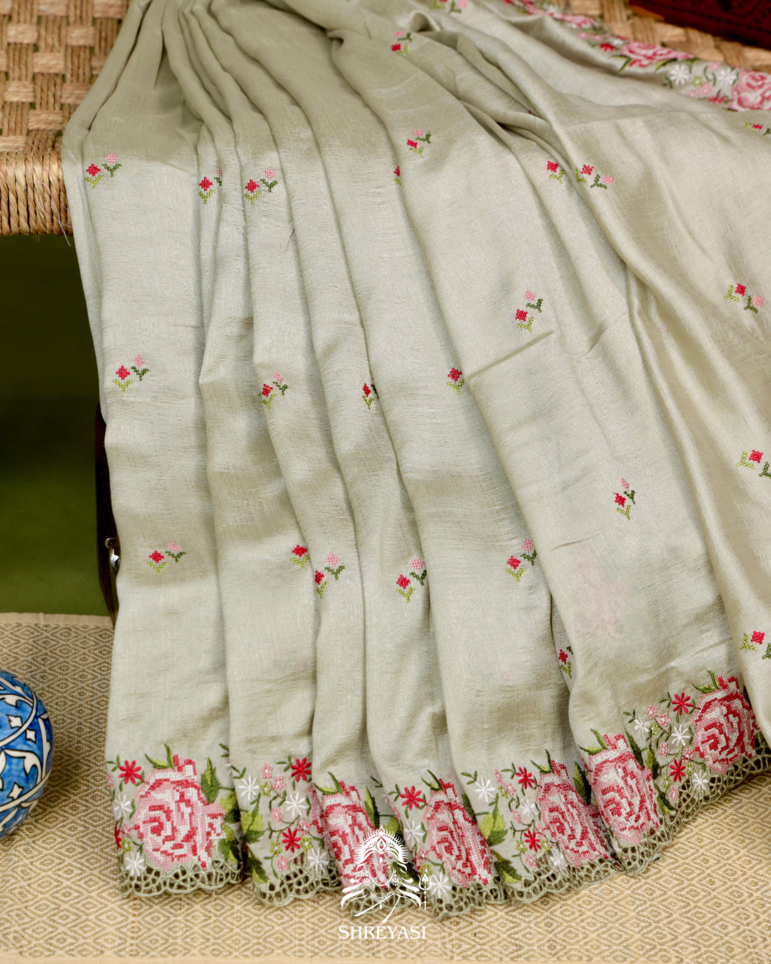 Tussar Silk Saree with Petit Point Embroidery
