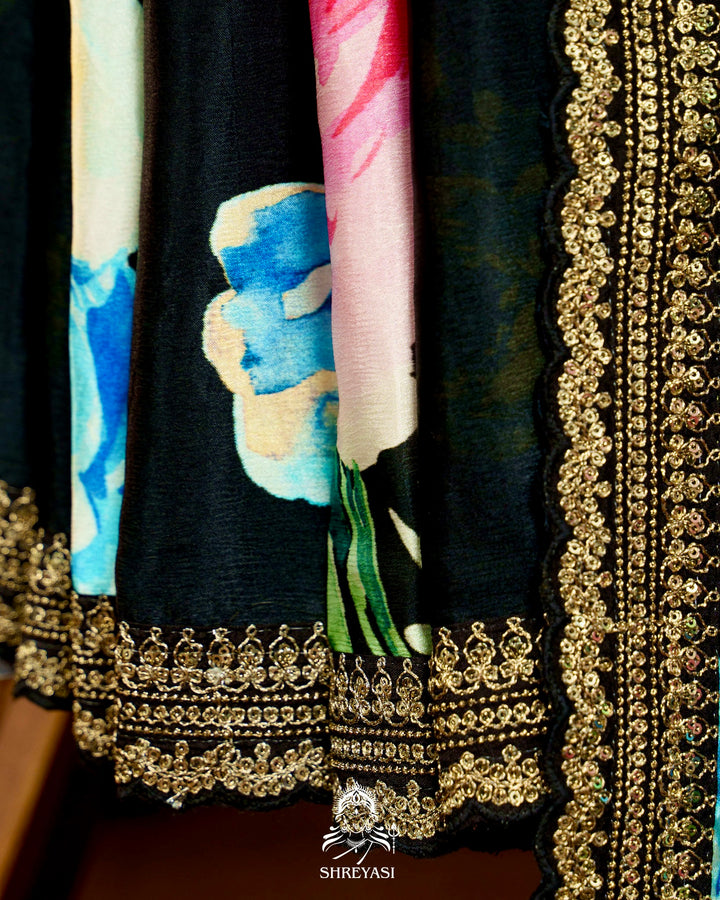 Pure Chinon Satin Saree with Floral Print and Embroidered Borders