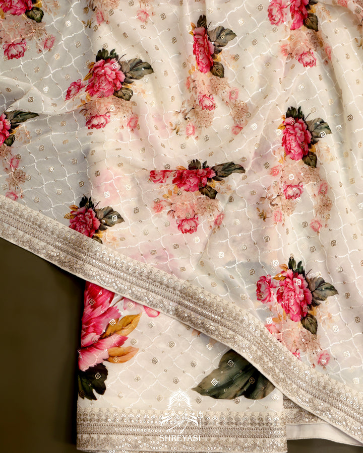Georgette Floral Saree with Thread Embroidery and Micro Sequins
