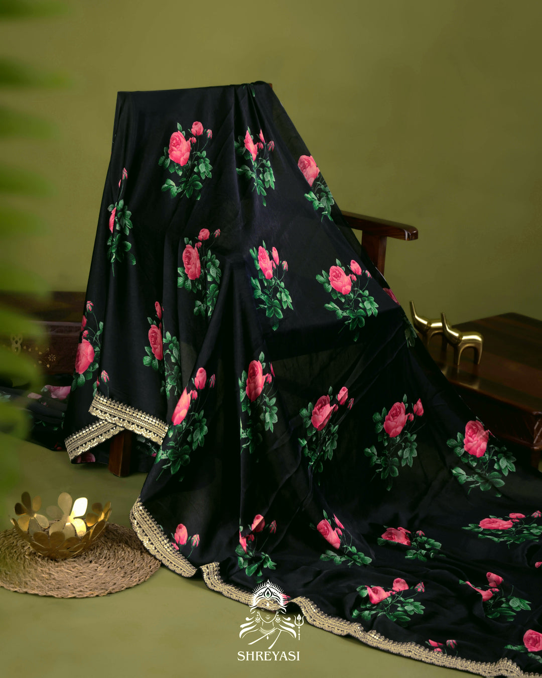 Black Chinon Satin Floral Saree with Embroidered Border