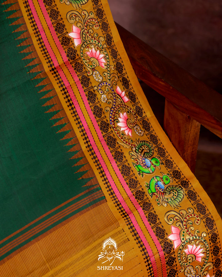 Handloom Pure Kanjivaram Silk Saree in Real Zari with Tanjore Mayil and Kamalam Artwork