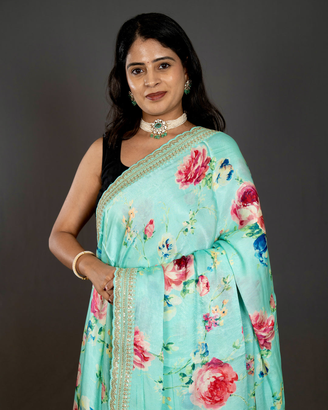 Pure Chinon Satin Saree with Floral Print and Embroidered Borders
