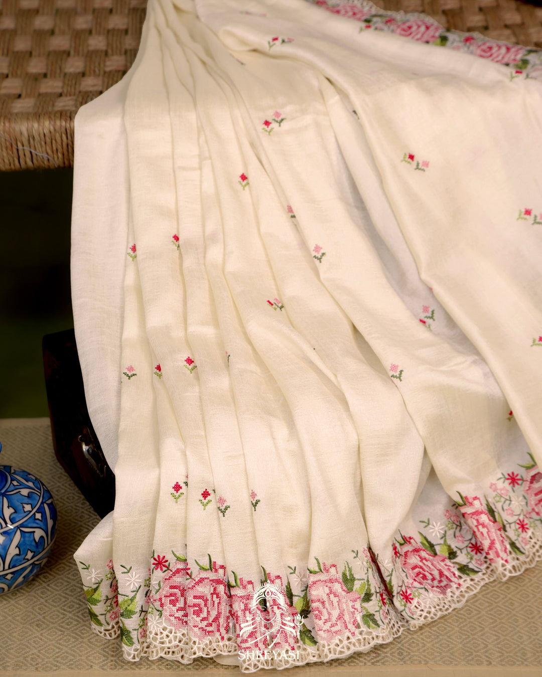Tussar Silk Saree with Petit Point Embroidery