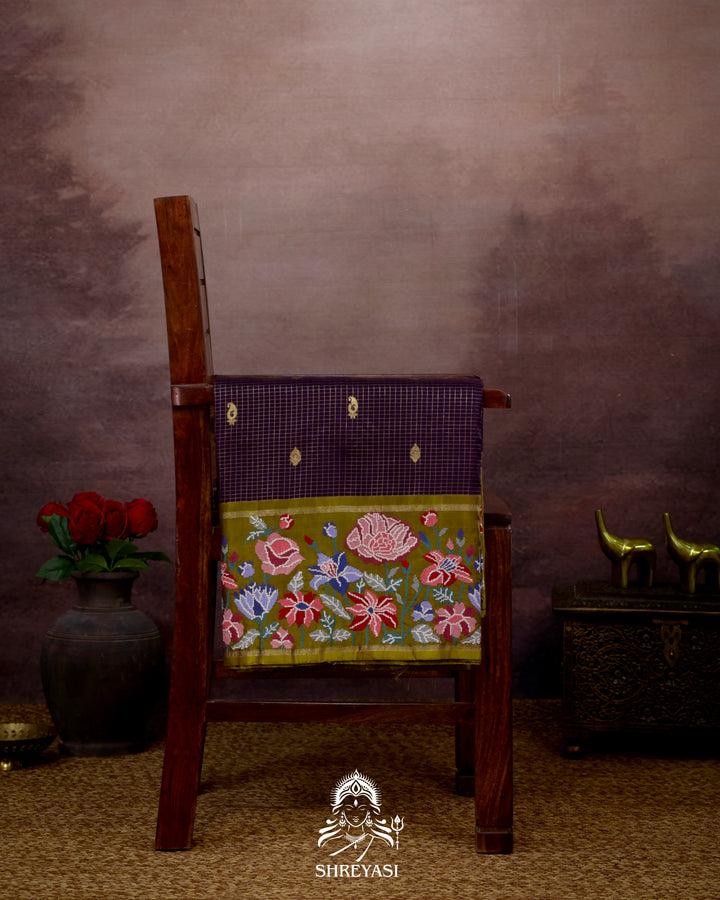 Handloom Pure Kanjivaram Silk Saree with Petit Point Embroidery