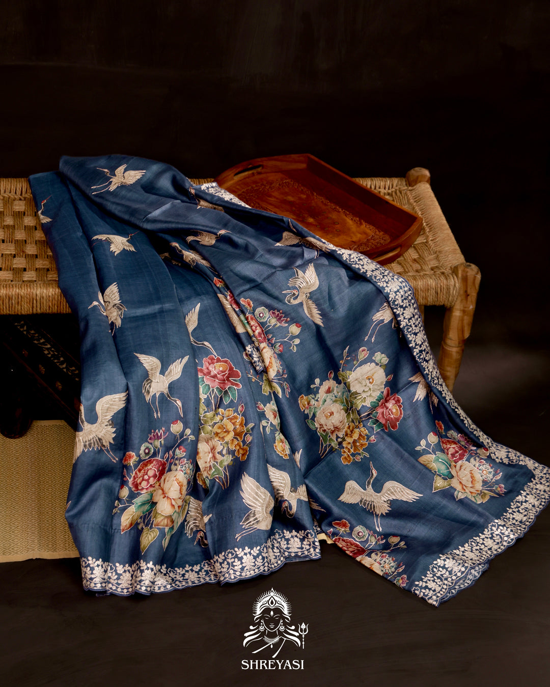 Handloom pure tussar silk saree in deep sapphire with digital floral prints and pita embroidery