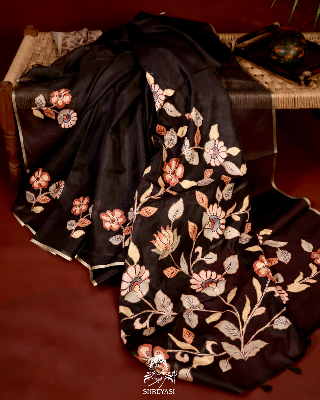 Kota saree with floral kalamkari appliqué work, contrast border, and lightweight breathable drape