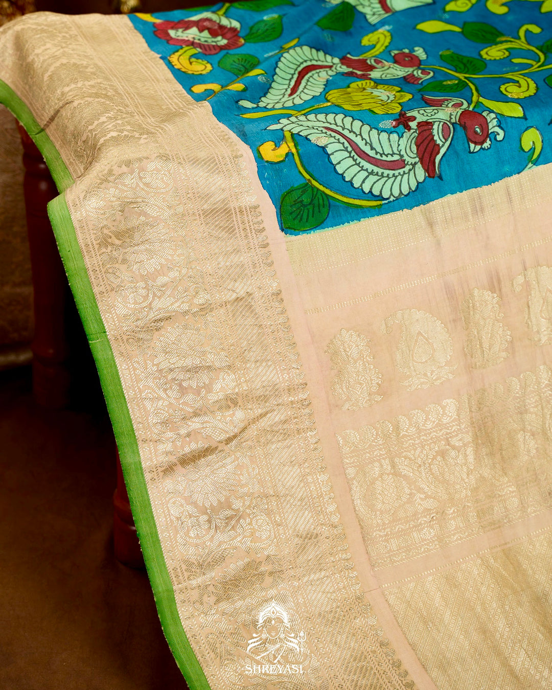 Handloom Pure Gadwal Silk Saree with Hand Painted Pen Kalamkari and Silver Zari Borders