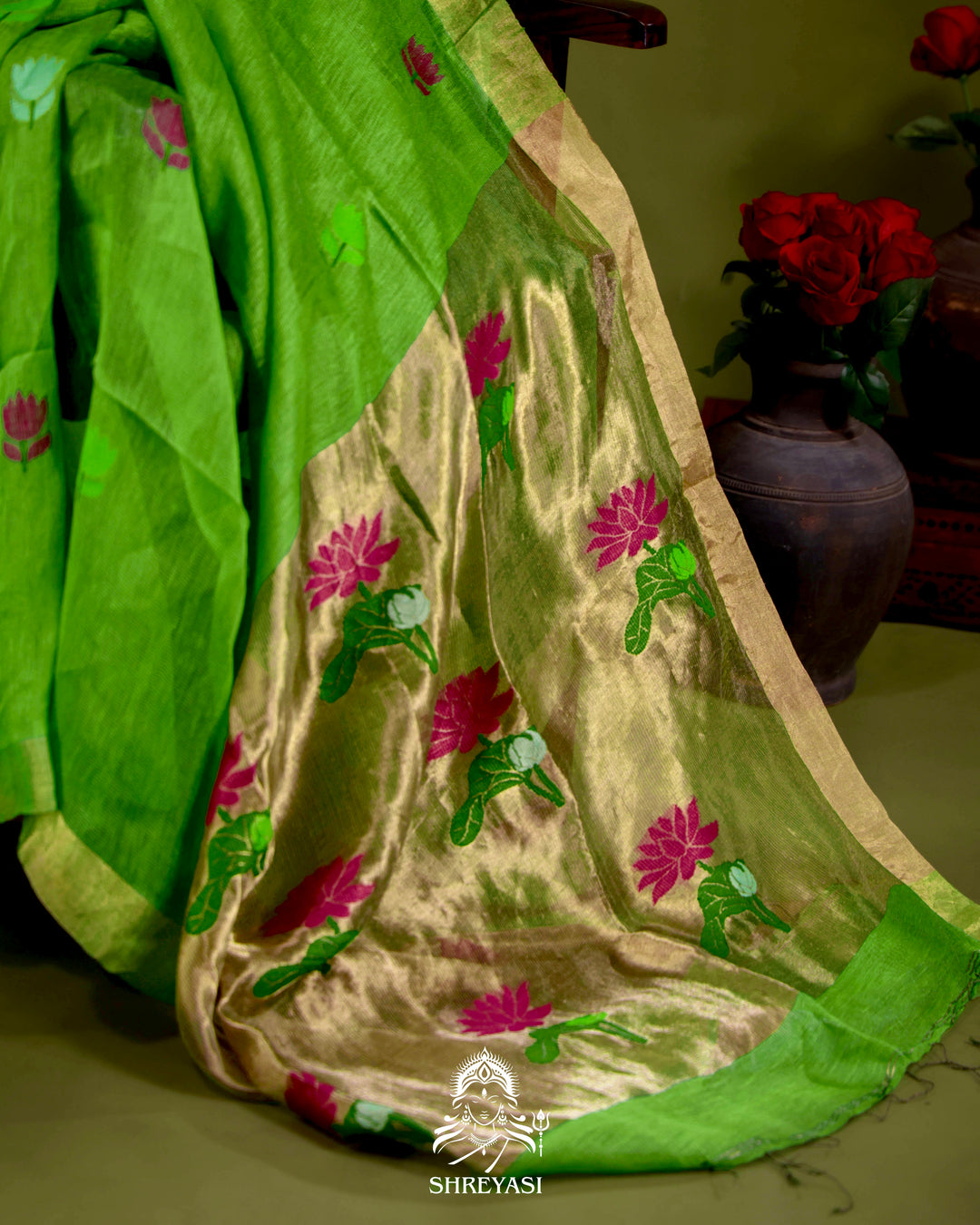 Handloom Silk Linen Jamdani Saree with Tissue Paithani Pallu