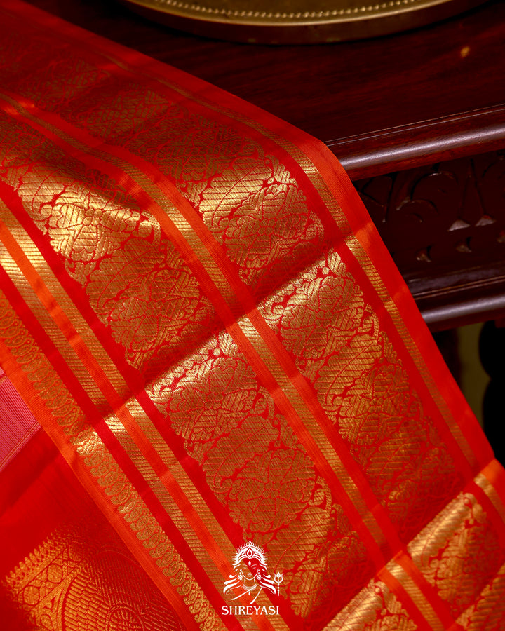 Handloom Pure Kanjivaram Silk Saree in Real Zari - Peach pink with Red and Orange Korvai Border