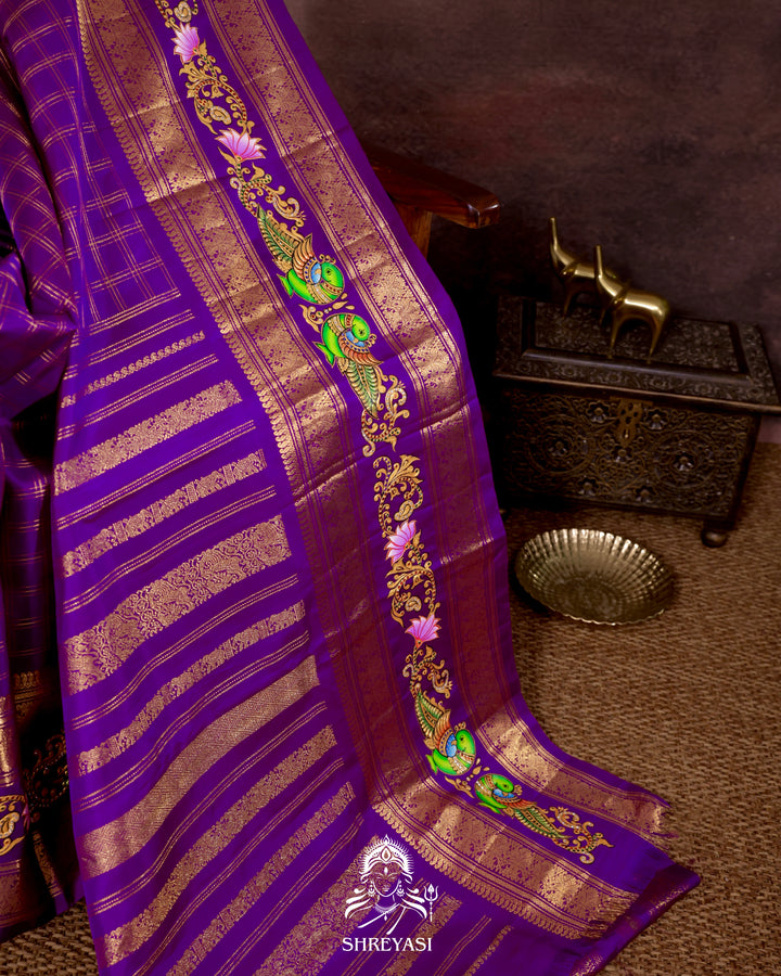 Handloom Pure Kanjivaram Silk Saree in Real Zari with Tanjore Kili and Kamalam Artwork