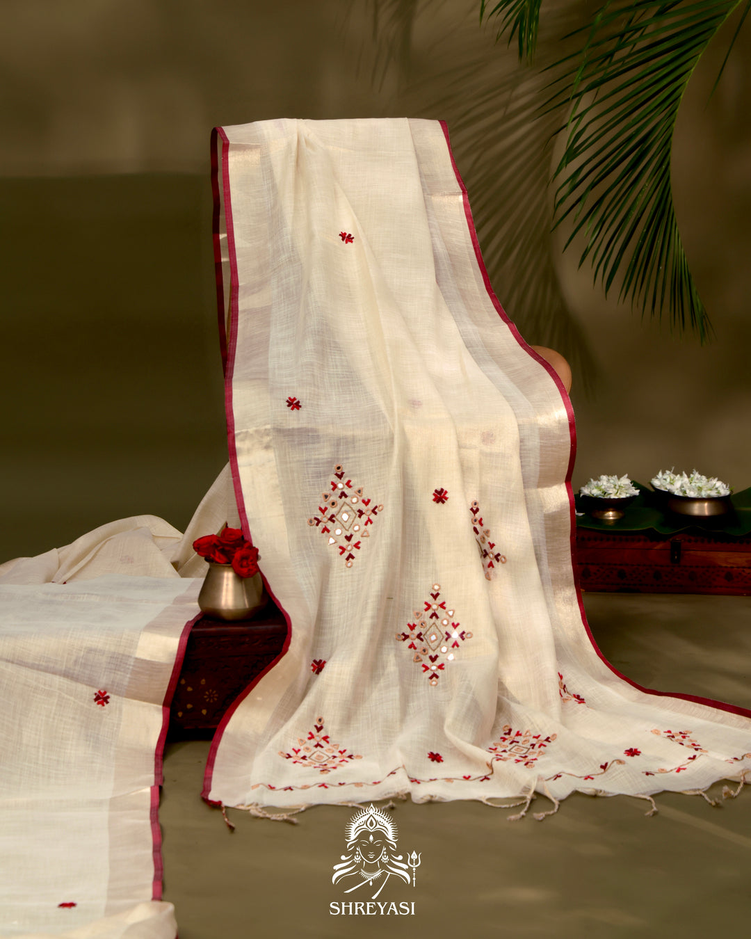Bengal Linen Tissue Saree with Kathiyawadi Mirror Embroidery