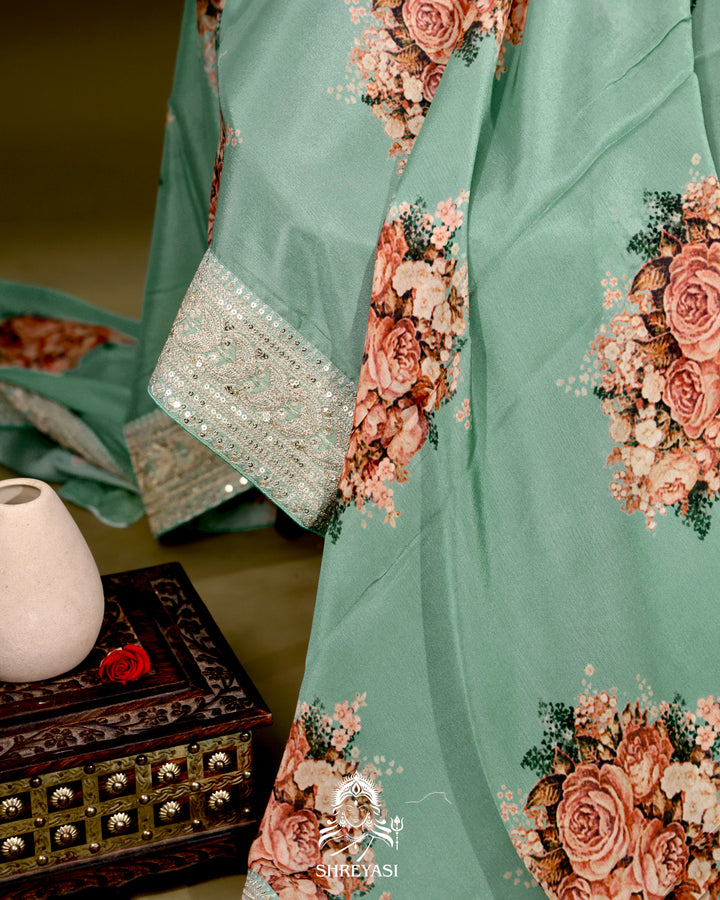 Crepe Satin Silk Saree with Floral Design and Embroidered Border