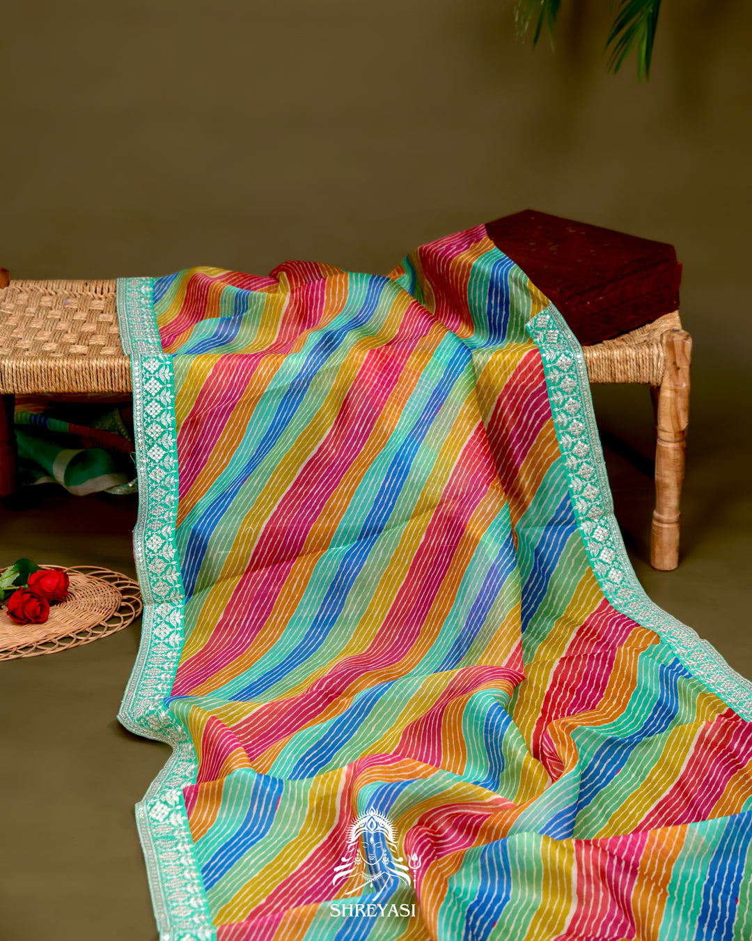 Pure Organza Silk Saree in Multicolor Leheriya with Mint Embroidered Border