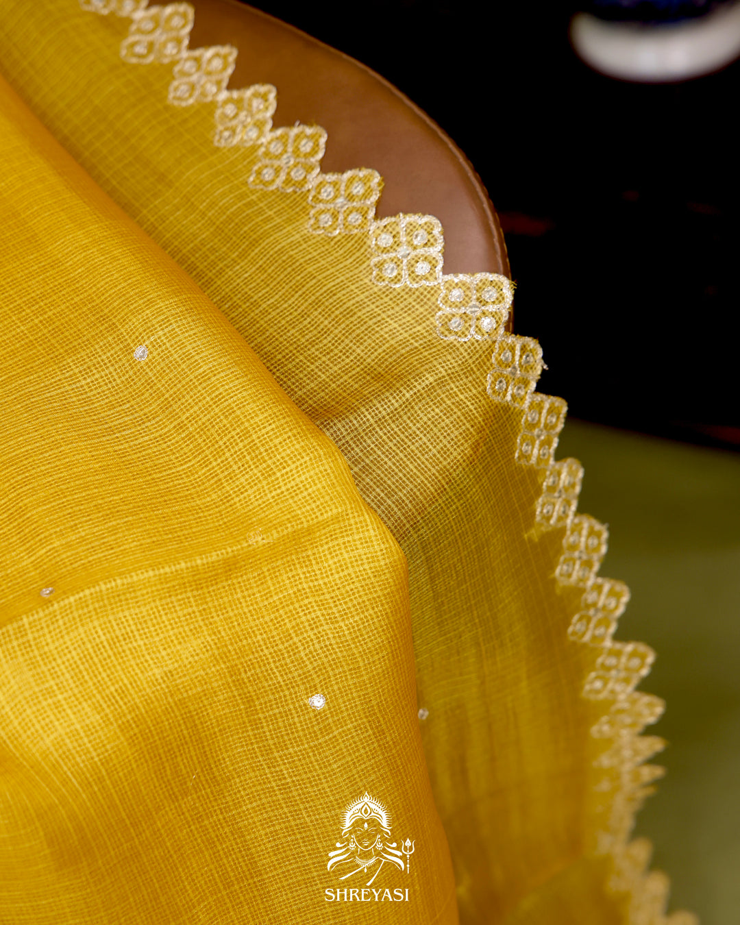 Handloom Pure Tussar Kota Saree with Scalloped Pitta Embroidery Border