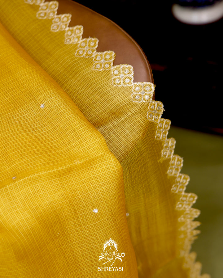 Handloom Pure Tussar Kota Saree with Scalloped Pitta Embroidery Border