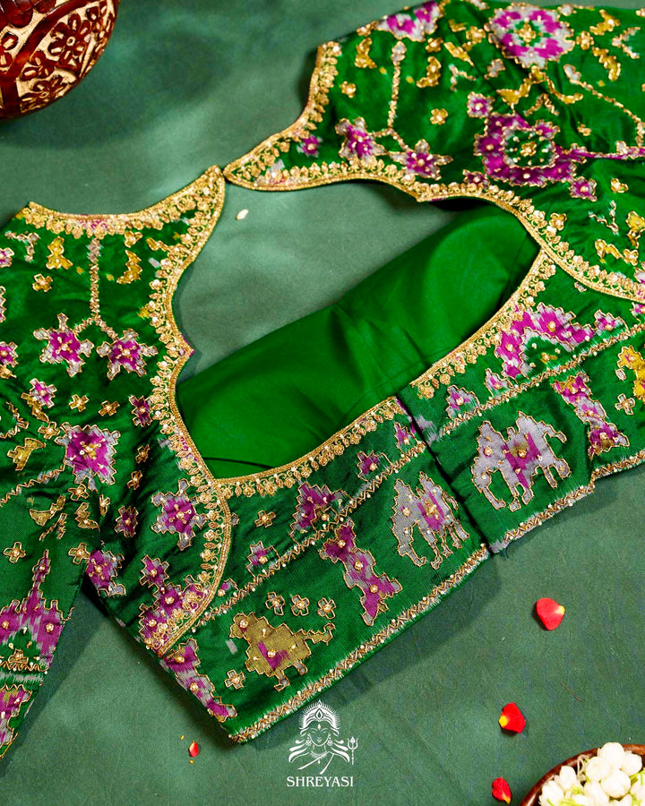 Handloom Pure Single Ikat Rajkot Patola Silk Blouse with Rich Hand Embroidery
