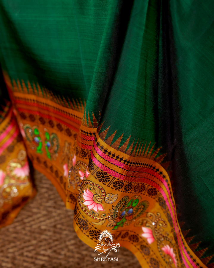Handloom Pure Kanjivaram Silk Saree in Real Zari with Tanjore Mayil and Kamalam Artwork