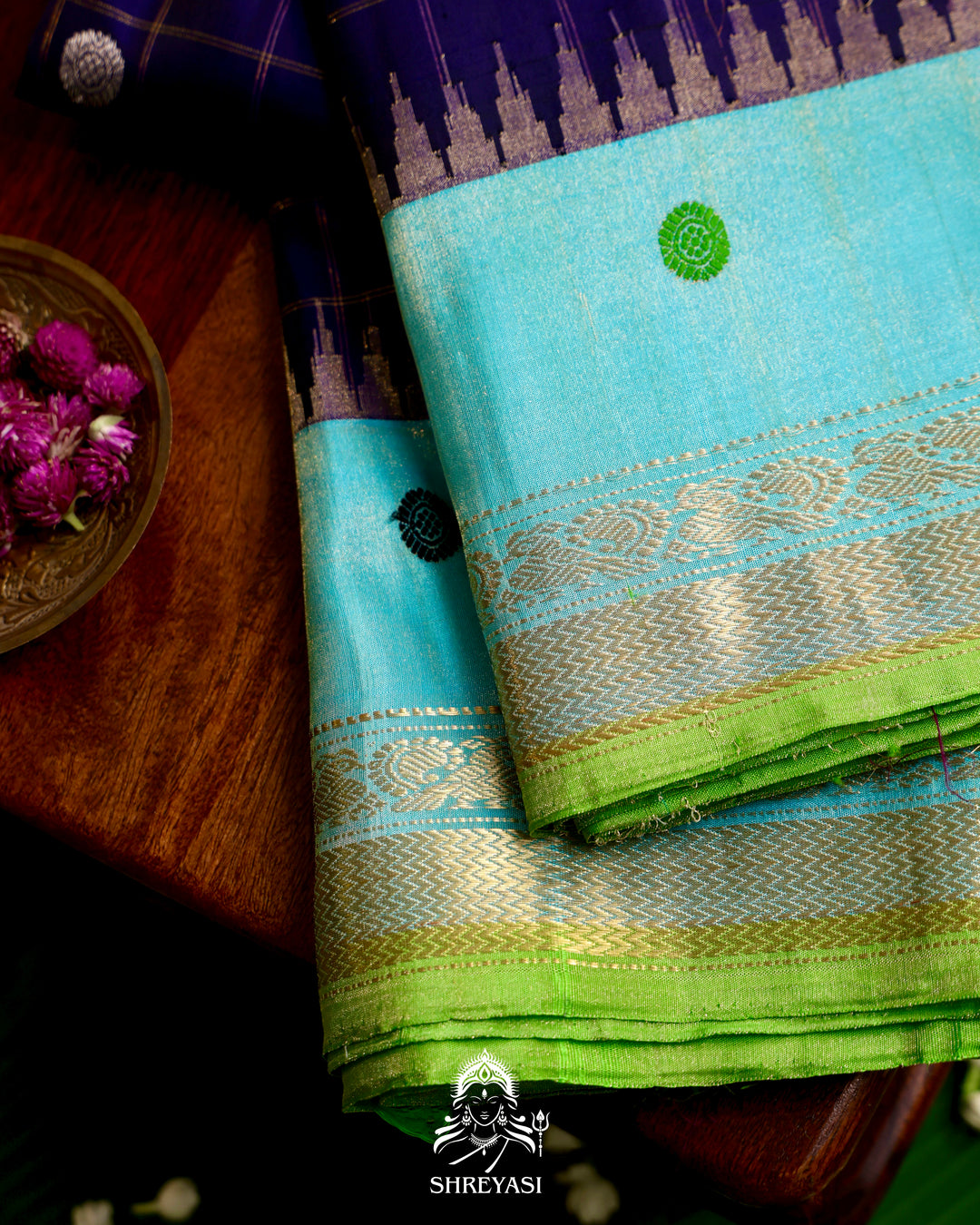 Handloom Pure Gadwal Silk Saree in Royal Blue with Aqua Tissue Borders