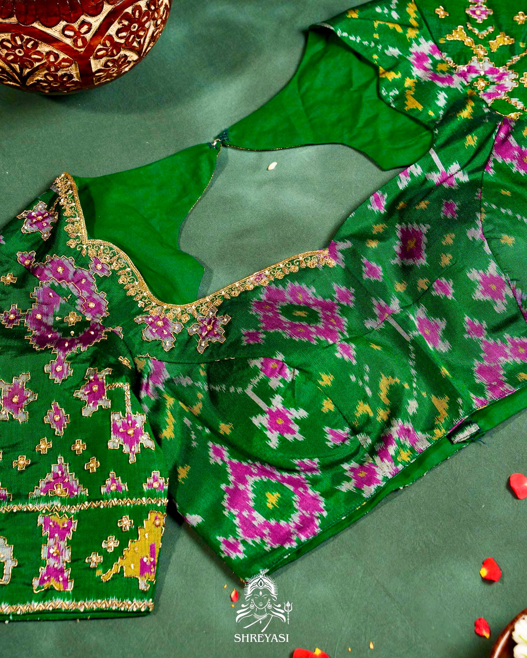 Handloom Pure Single Ikat Rajkot Patola Silk Blouse with Rich Hand Embroidery