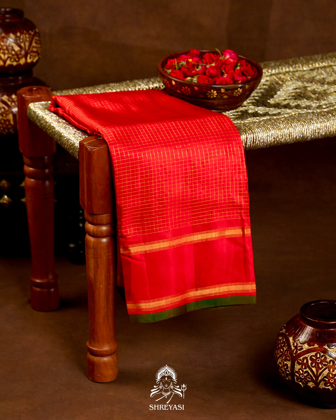 Handloom Pure Gadwal Silk Saree in Crimson Red with Gold Zari Checks