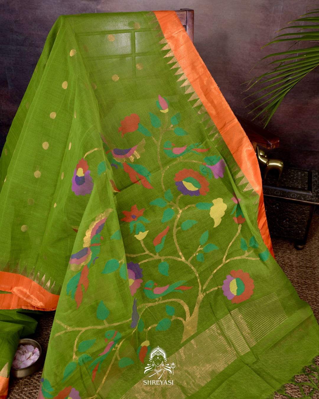 Handwoven Pure Ponduru Khadi Jamdani Saree in Fresh Leaf Green with Woven Floral & Bird Pallu
