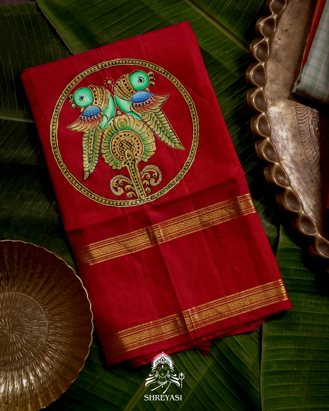 Handloom Pure Kanjivaram Silk Saree in Real Zari with Tanjore Kili and Kamalam Artwork