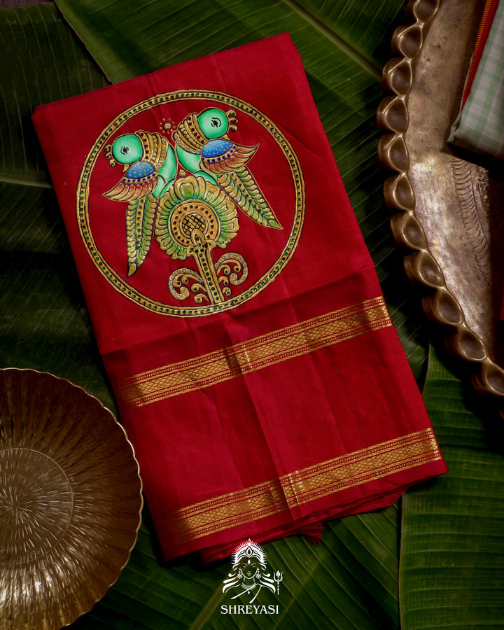 Handloom Pure Kanjivaram Silk Saree in Real Zari with Tanjore Kili and Kamalam Artwork