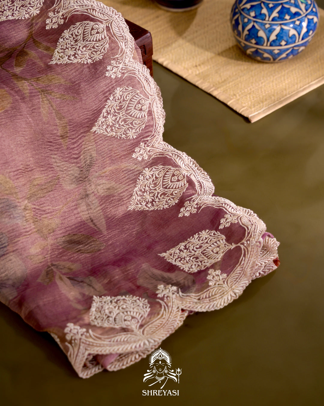 Handloom Pure Crushed Ektara Tissue Silk Saree with Floral Print and Scallop Embroidery